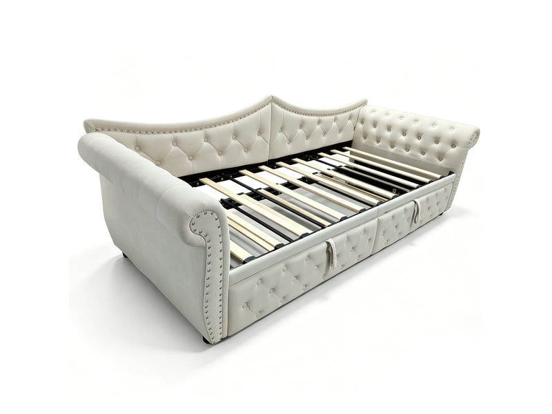 Canapé-lit 3 en 1 capitonné 90x200cm,lit gigogne extensible en 180cm,usb et éclairage led,finition cloutée,velours,sans matelas,beige - Conforama A