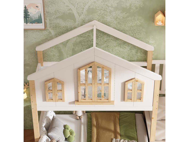 Lit superposé cabane 90x200+140x200 cm avec toit à pignon, escalier armoire, sommier à lattes, cadre en bois - blanc et naturel (sans matelas) - Conforama D