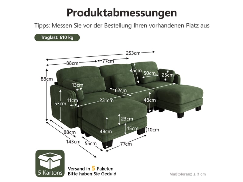 Canapé modulable en u 3 places modenvie en chenille vert avec 2 ottomans 253 x 143 x 88 cm - Conforama C