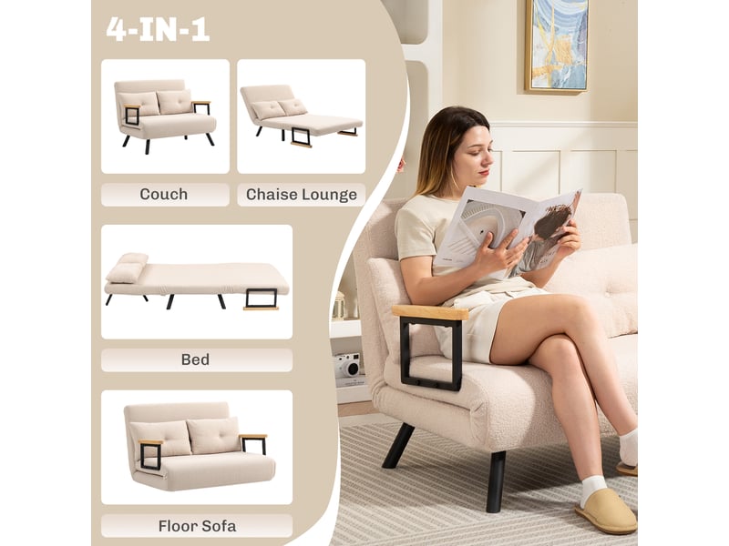  Canapé convertible 2 places 4 en 1, canapé-lit avec dossier réglable sur 5 niveaux, 2 coussins, beige, 102 x 73 x 81 cm  - Conforama A