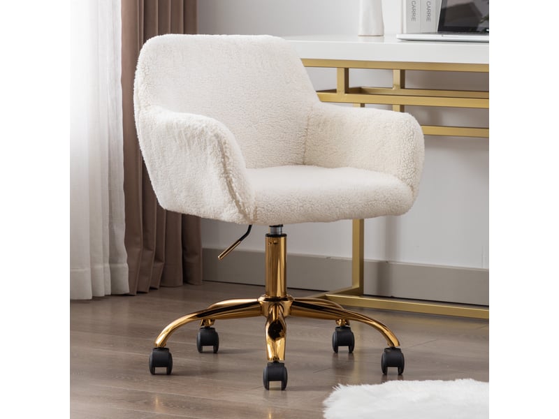  Chaise de bureau - 54.9x39.8x84.3cm - pivotante en tissu bouclé, hauteur réglable, fauteuil pied métal doré - blanc cassé  - Conforama B