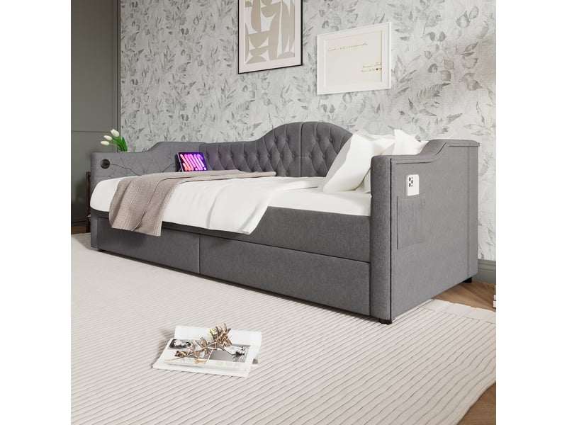 Lit simple 90x200 cm avec rangements, usb et 2 tiroirs, lin, gris, sans matelas - Conforama B