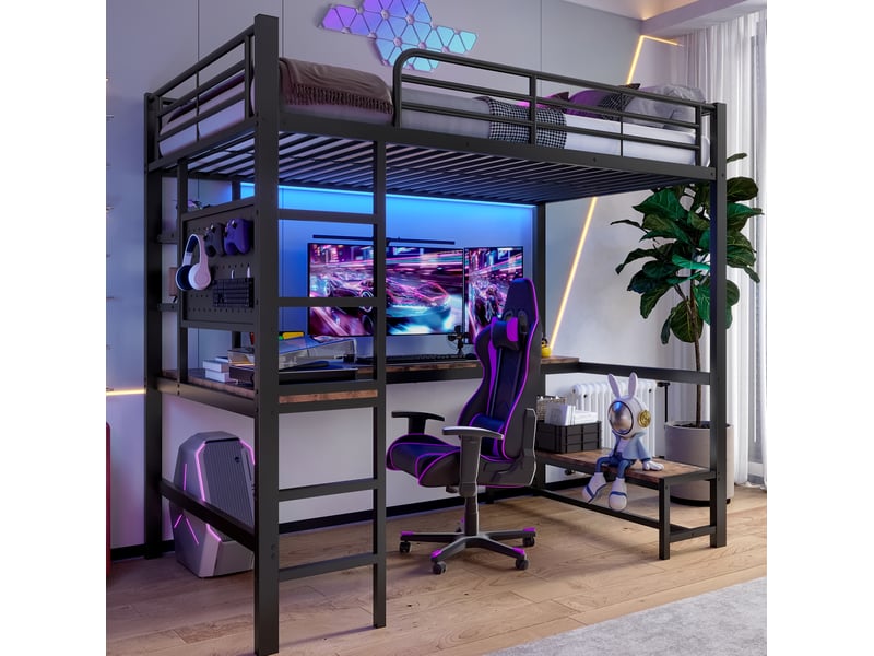  Lit mezzanine 90x200 cm avec bureau, rangements et led en métal et mdf noir  - Conforama B