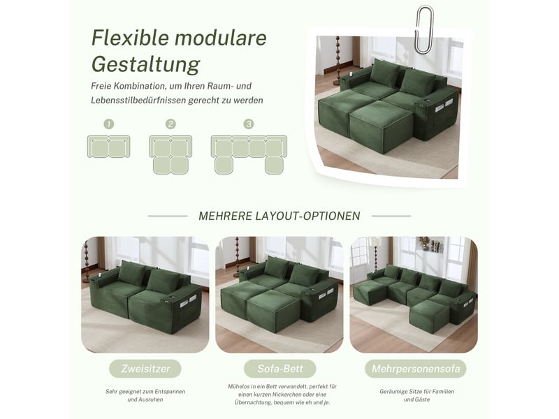 Canapé modulaire 2 places avec 2 poufs et porte-gobelets - lpospi - poches latérales, velours côtelé vert  - Conforama E