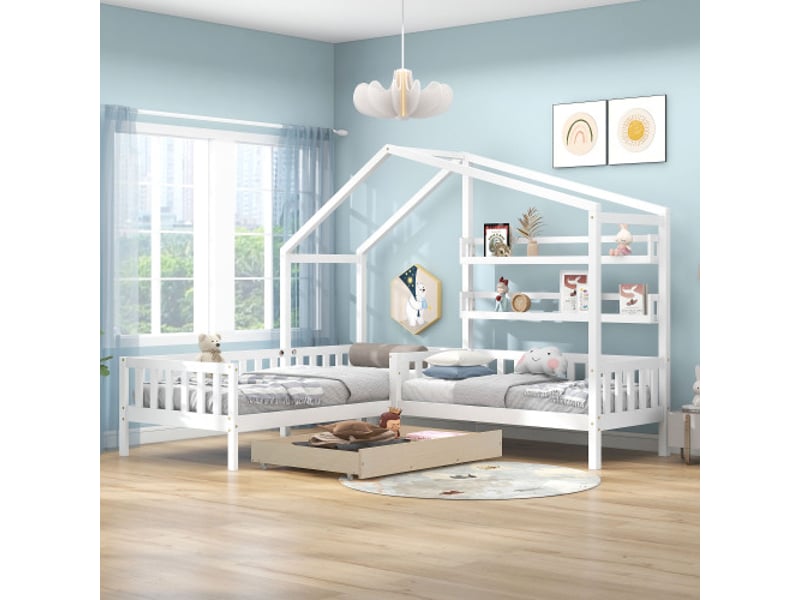  Lit enfant cabane - 90x200 cm + 140x70 cm, avec tiroirs et étagères, clôture et sommier à lattes, en l, blanc  - Conforama B
