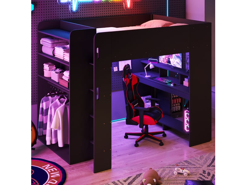  Lit mezzanine tcqpz 140 x 200 cm avec bureau armoire ouverte rangement led port usb noir mdf contreplaqué  - Conforama D