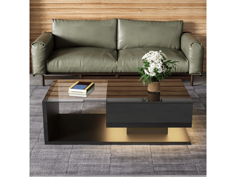  Table basse 105x55x32,5 cm avec plateau en verre trempé et led 16 couleurs, pour salon, panneau de particules, noir  - Conforama B