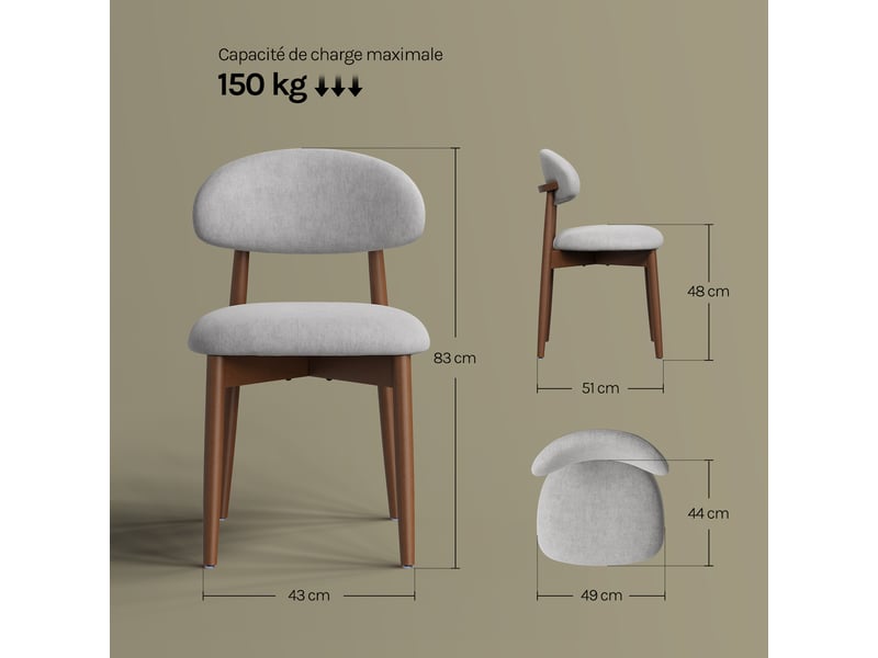  Lot de 4 chaises de salle à manger en tissu chenille, pieds en bois massif，43 x 51 x 83 cm，gris  - Conforama D