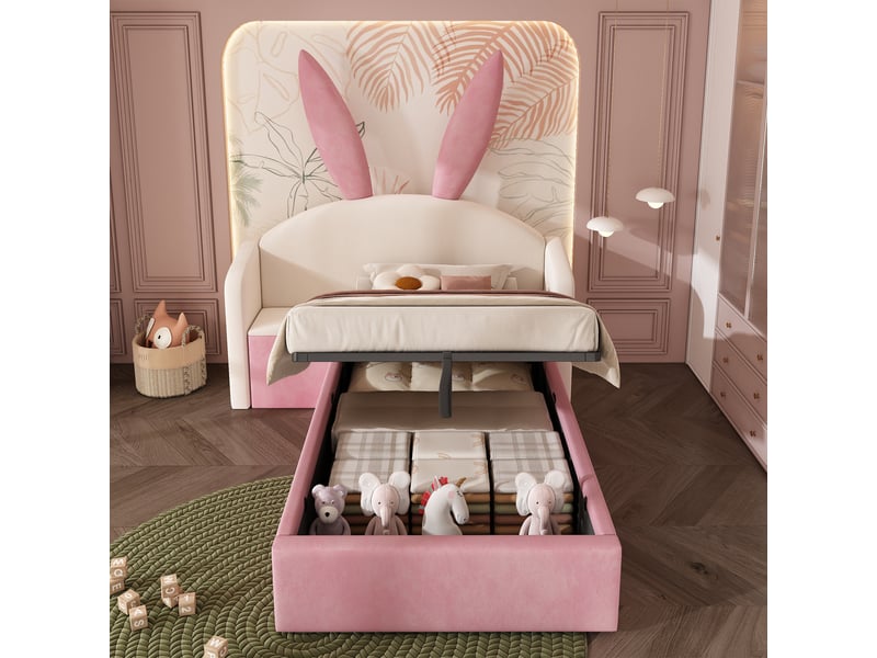  Lit enfant rembourré 90x190 cm avec tête de lit oreilles de lapin, rangement et table de chevet, lit ado en velours, beige et rose (sans matelas)  - Conforama B