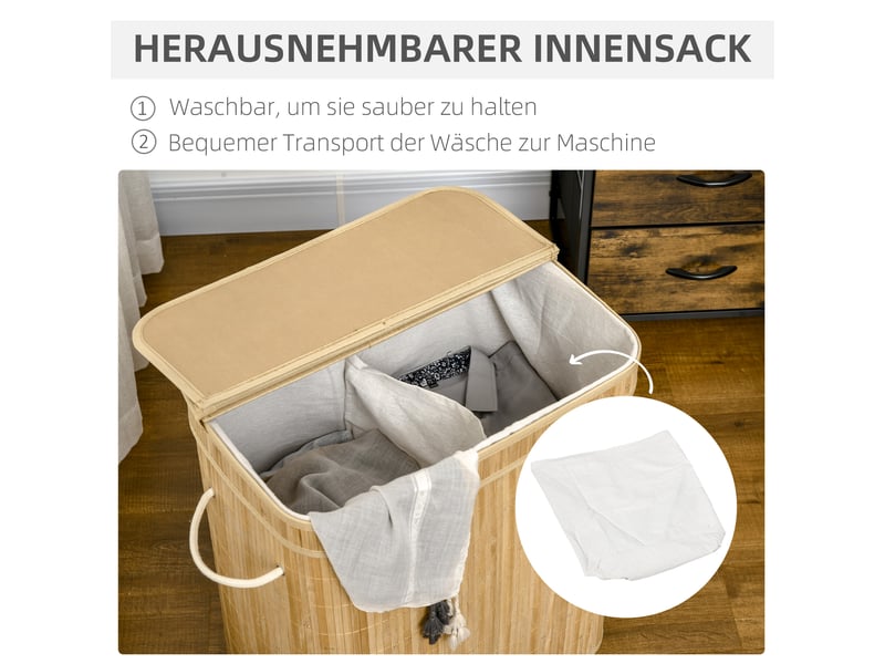  Panier à linge pliable en bambou 90 l avec sac amovible et couvercle  - Conforama E
