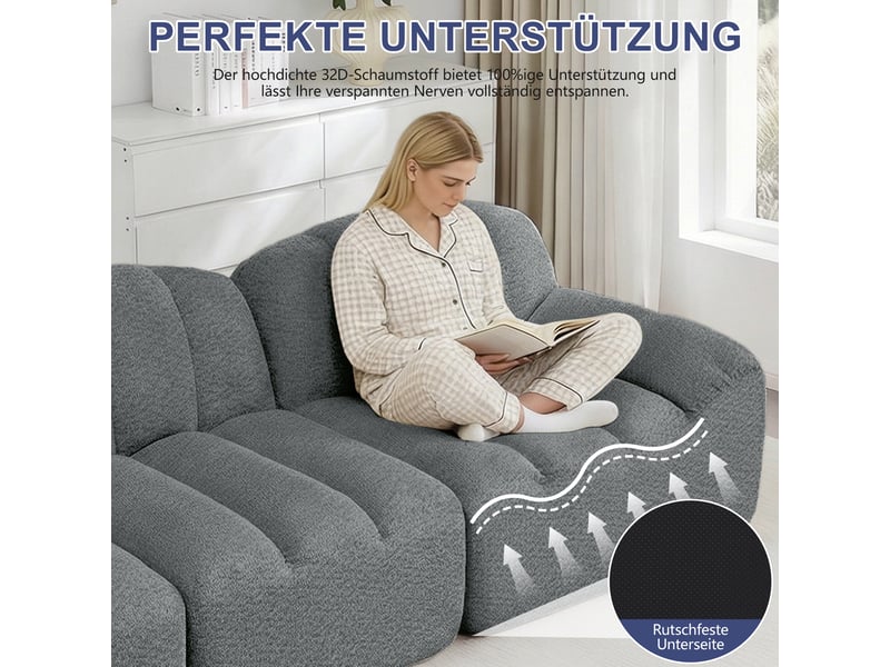 Canapé modulable 4 places en u avec 2 poufs, canapé d’angle sans cadre, forme coquillage, assise profonde, mousse haute densité 32d, tissu doux - gris - Conforama E