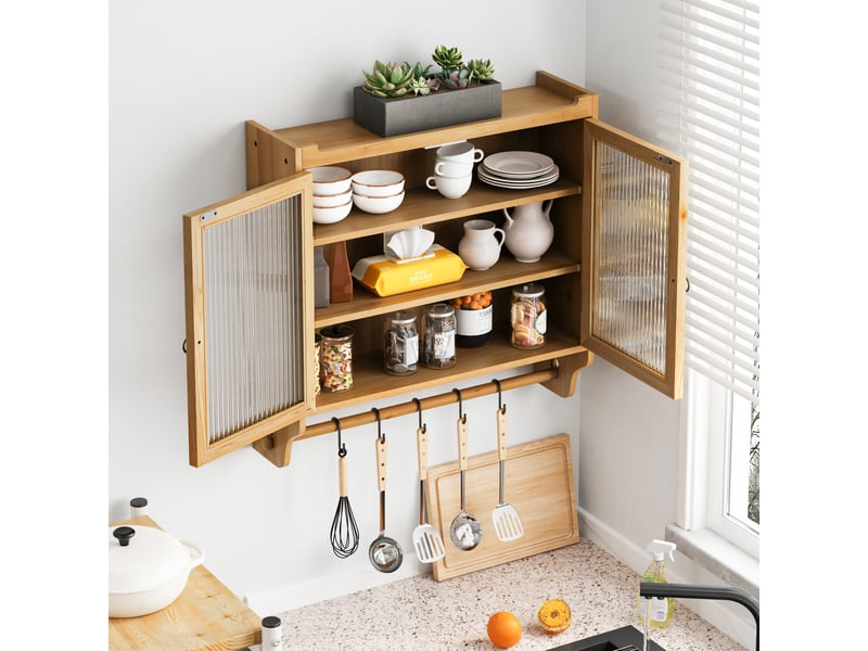 Armoire murale de cuisine avec portes vitrées, étagère et porte-serviettes, mdf, naturel  - Conforama B