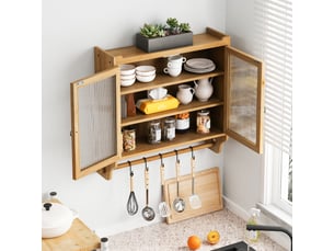 Armoire murale de cuisine avec portes vitrées, étagère et porte-serviettes, mdf, naturel
