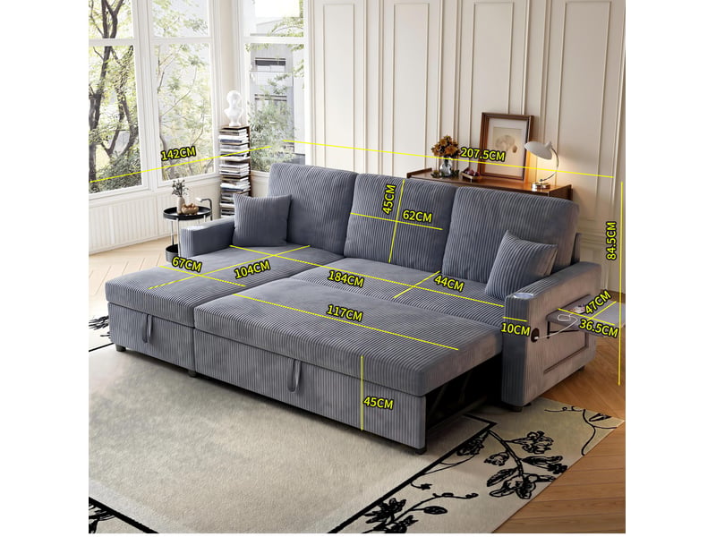  Canapé d’angle convertible 3 places en velours côtelé gris avec rangement, ports usb et type-c, table d’appoint  - Conforama C
