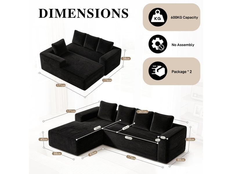  Canapé d’angle modulable en velours côtelé noir, méridienne à droite – 261 cm IKSETERA TRADING LTD - Conforama C