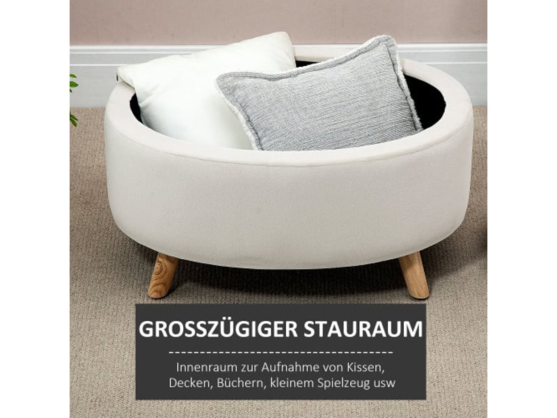  Banc coffre ovale beige effet velours avec couvercle, pieds en bois, 71x51,5x42 cm, rangement  - Conforama E