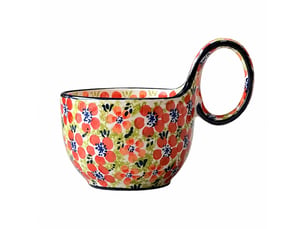 Mug et cuillère en céramique, anse galbée, fleurs tricolores, 450 ml