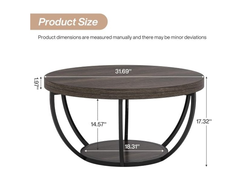  Table basse ronde à 2 niveaux avec structure métallique à 6 arches pour salon en bois gris  - Conforama E