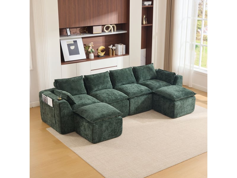 Canapé modulable 2 poufs inclus coussins inclus porte-gobelets intégrés 2 poches latérales mousse et ressorts rebond rapide tissu chenille vert foncé - Conforama B
