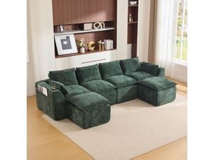 Canapé modulable 2 poufs inclus coussins inclus porte-gobelets intégrés 2 poches latérales mousse et ressorts rebond rapide tissu chenille vert foncé