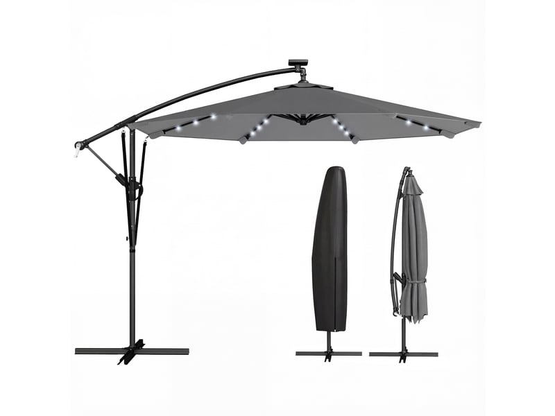  Parasol déporté parasol de jardin led solaire 32 lampes led manivelle uv 50+ et housse de protection ø 295cm gris  - Conforama A