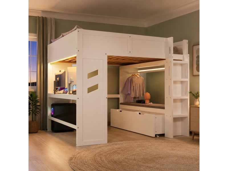  Lit mezzanine 200×140 cm avec bureau, 2 tiroirs, éclairage led et ports usb et usb-c, sans matelas, blanc  - Conforama B