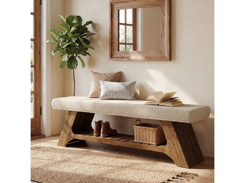  Banc à chaussures rembourré en bois massif avec coussin, 140 cm, pour entrée  - Conforama D