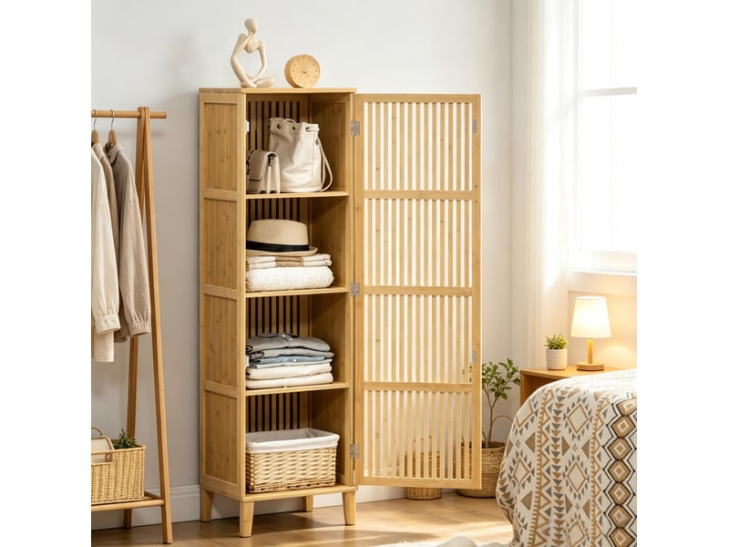 Meuble de rangement avec porte à lamelles, 4 étagères, anti-basculement, bambou naturel, 40 × 30 × 140 cm - Conforama B