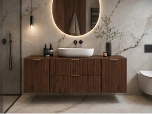 Meuble suspendu sous vasque flow noyer foncé 160 cm avec plan et 2 paniers à linge