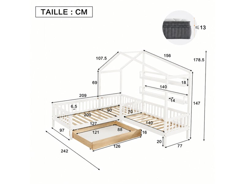  Lit cabane, lit deux places avec tiroir, étagères et barrière, 200x90 cm et 140x70 cm, sans matelas, blanc  - Conforama D