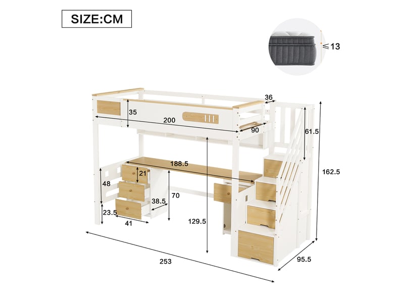  Lit mezzanine 90x200 cm blanc bois naturel, avec bureau, tiroirs, escalier de rangement et étagère murale, sans matelas  - Conforama E