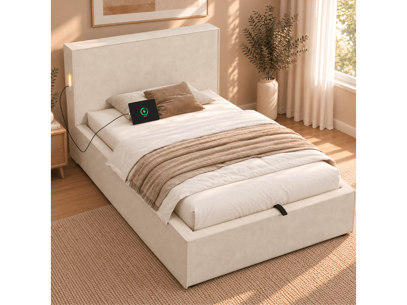 Lit coffre 90x200 cm, lit simple enfant avec sommier, chenille beige, sans matelas - Conforama W