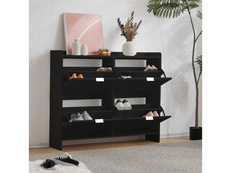  Meuble à chaussures ultra-plat arche médiévale, 4 abattants, étagères ouvertes réglables, porte-parapluie, 110 x 90 x 24 cm, blanc ou noir  - Conforama B