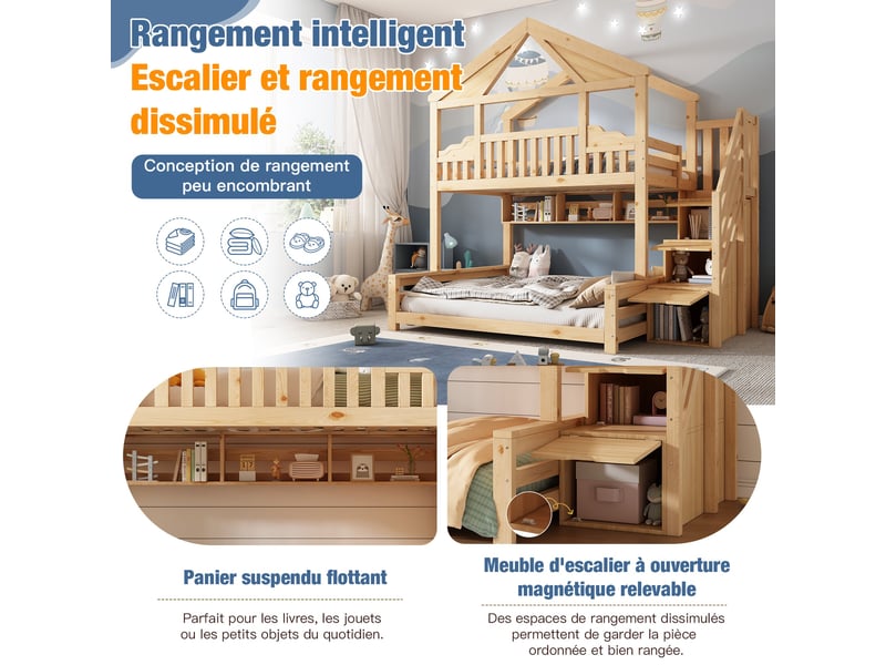  Lit superposé en forme de maison, 90x200 + 140x200 cm, structure en bois, escalier avec rangements, étagères, couleur naturelle  - Conforama E