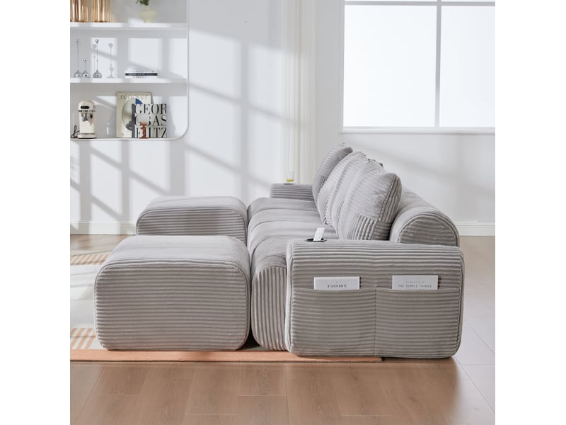  Canapé modulable 4 places 333x174x80 cm porte-gobelet intégré poche latérale assises larges velours côtelé gris clair  - Conforama R