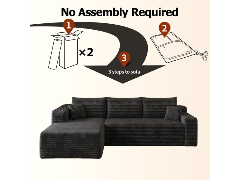  Canapé d'angle compressé 241x151x58 cm, assise profonde, velours côtelé, sans montage, mousse haute élasticité pour salon - noir  - Conforama E