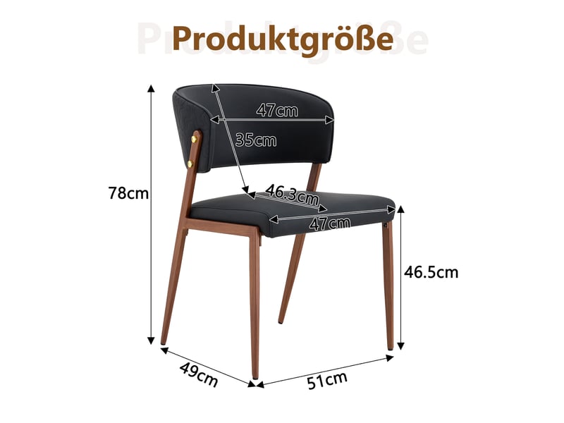  Chaise de salle à manger rembourrée avec dossier ergonomique  - pieds en métal, simili cuir noir  - Conforama D