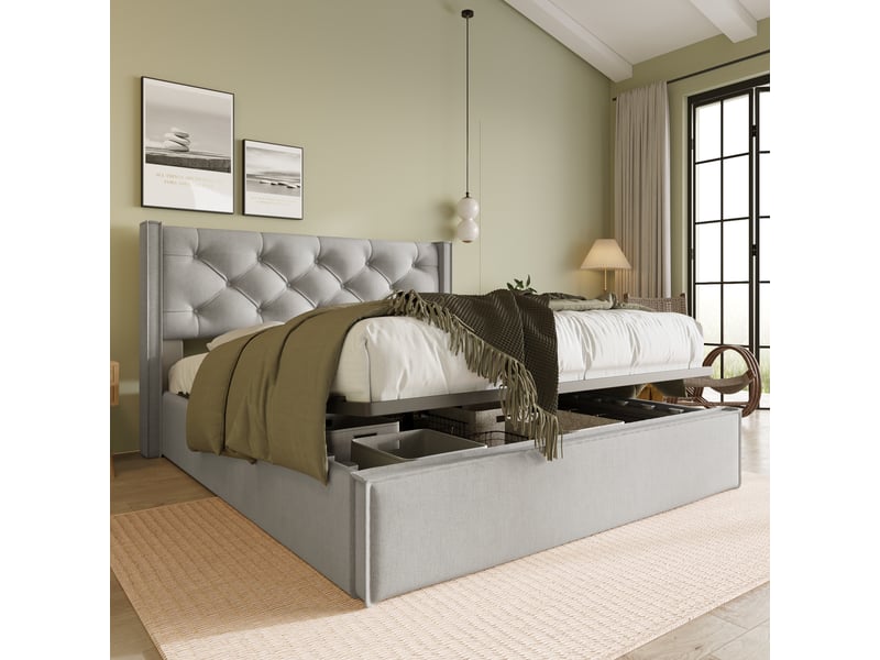  Lit 2 personnes 140x200 cm avec matelas, lit adulte avec sommier à lattes métalliques, gris clair, lit double hydraulique  - Conforama C