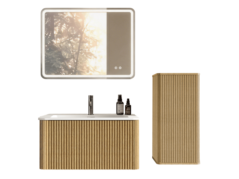 Ensemble meuble de salle de bains 80 cm avec lavabo et miroir led, mdf, coloris chêne - Conforama A