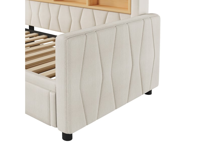  Lit de jour, 90 × 200 cm, lit extensible multifonctionnel avec bande lumineuse led et prise électrique, revêtement en lin, beige  - Conforama E