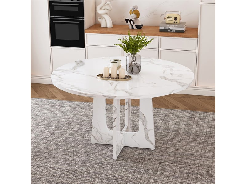  Table à manger ronde - 120x120x76cm - table de cuisine salle à manger modulaire en mdf effet marbre blanc - blanc  - Conforama B