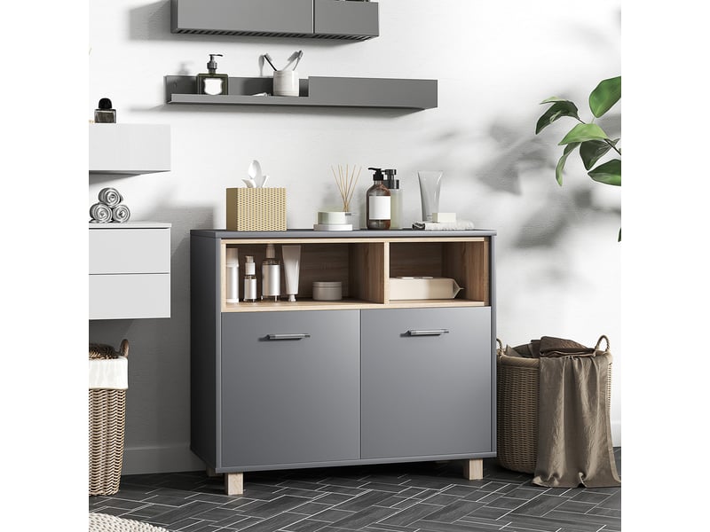 Meuble de salle de bain moderne avec étagères ouvertes et compartiment de rangement à 2 portes, 80 x 35 x 70 cm, gris  - Conforama C