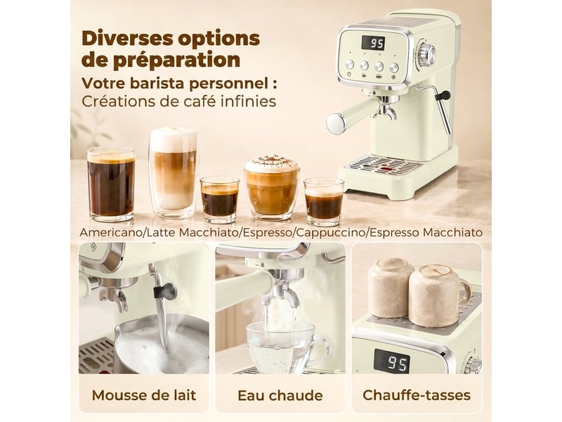 Machine à expresso avec buse vapeur à mousse de lait, cafetière 20bars, réservoir d'eau amovible 1,2 l, crème - Conforama E