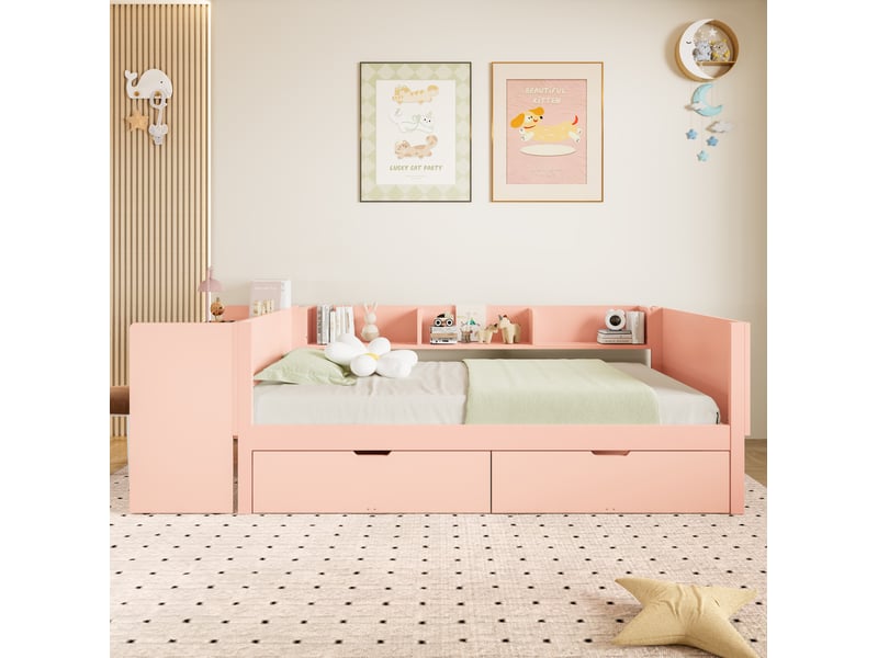  Lit simple 90x200 cm avec bureau et 2 tiroirs en pin rose  - Conforama D