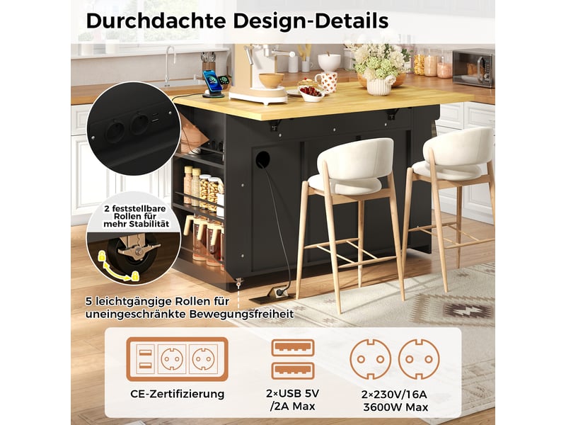  Îlot de cuisine avec plan de travail escamotable, mdf noir-naturel, pour salle à manger, 130x80x87 cm  - Conforama E