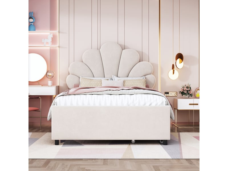  Lit enfant 90x200 cm, tiroirs, espace de rangement, tête de lit réglable, sommier, velours beige, sans matelas  - Conforama B