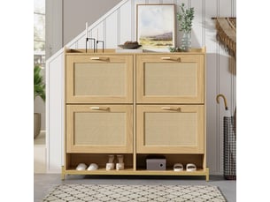 Meuble à chaussures, rangement chaussures gain de place pour entrée et couloir, en bois et rotin naturel avec pieds en métal style bohème chic 4 portes 108.5x24x100 cm, chêne clair