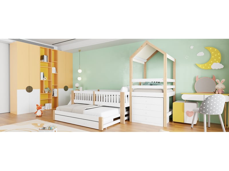  Lit enfant 90x200 avec lit gigogne 90x190 structure bois massif blanc et bois naturel avec tiroirs et escalier Sol Morn - Conforama E