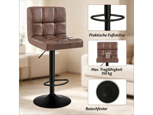 Tabouret de bar 44x38x114cm – tabouret de bar réglable en hauteur et rotatif à 360° avec dossier – simili-cuir - marron