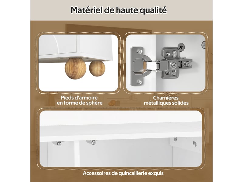  Meuble tv 4 portes, structure basse, design vintage veinage bois, naturel et blanc, 175 x 38 x 50 cm  - Conforama E